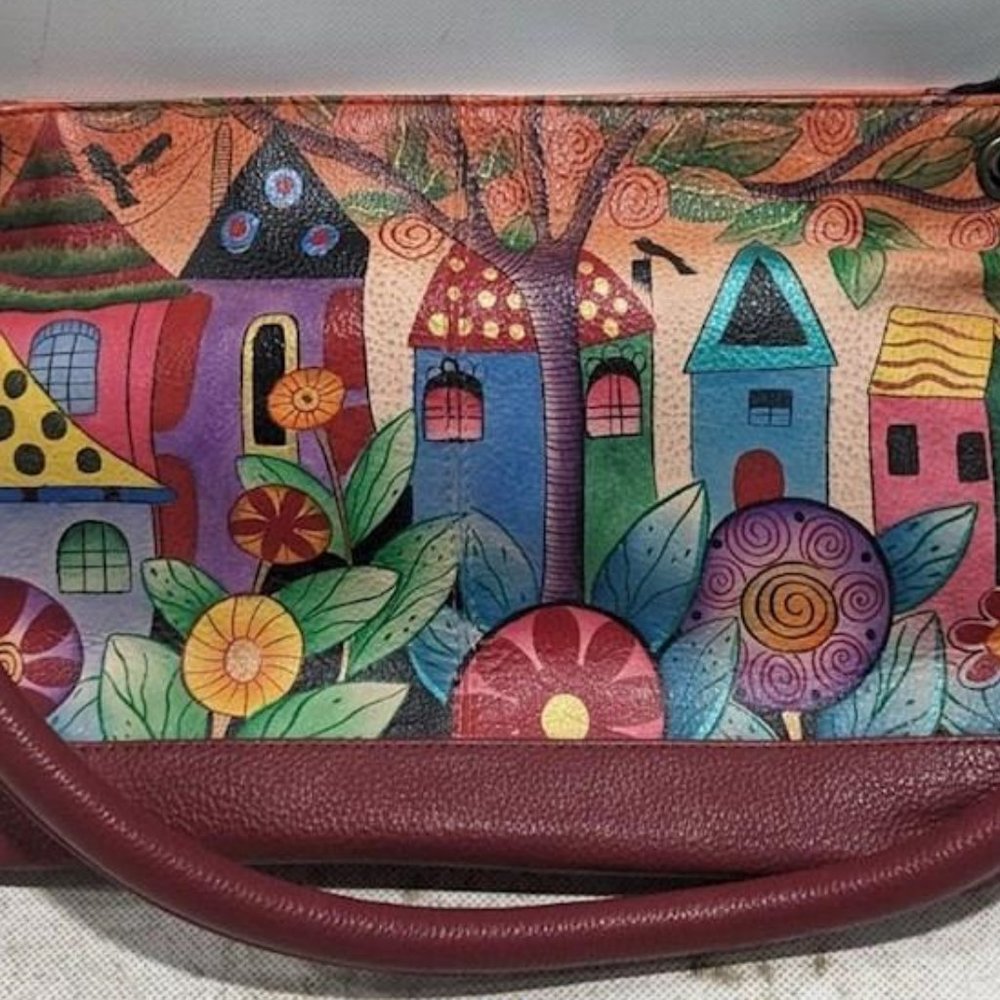 Anuschka Anna Hand-Painted Village Dreams Satchel with Burgundy Trim
